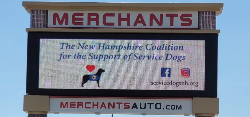 The New Hampshire Coalition for the Support of Service Dogs on the Merchant's Auto billboard