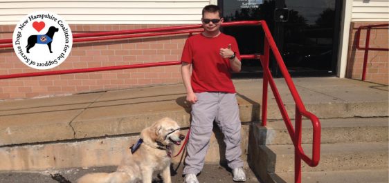 Man in sunglasses and his golden retriever service dog outside an entrance to a business