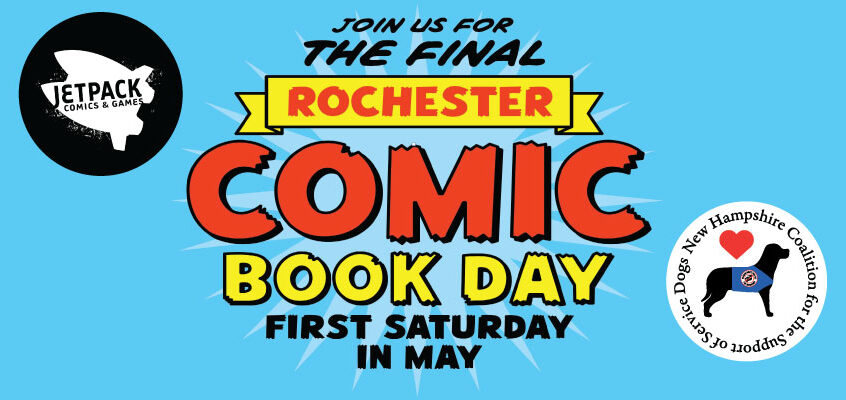 Jetpack Comics Logo Rochester Comic Book Day and NHCSSD logo all on a blue background