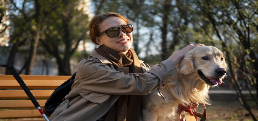 Blind woman with cane sits on park Bech with her service dog