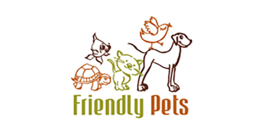 Animals featured (illustrated in outline style): A turtle on the left. A fish just above, appearing to swim midair. A cat in the center, smiling. A dog standing tall on the right. A bird perched on the dog’s back, wings lifted as if in motion. Text: Below the animals, the words “Friendly Pets” are written in a playful, rounded font. “Friendly” is in green. “Pets” is in orange. Overall Style: The logo is cheerful and welcoming, using simple line art and soft colors to highlight a variety of pets, suggesting inclusivity for all kinds of animals (not just cats and dogs).
