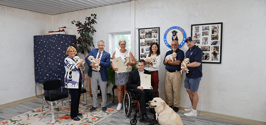 The image shows a group of seven adults gathered together indoors, holding small, five week old Yellow Labrador Retriever puppies. In the foreground,Brendan Madden is seated in a wheelchair and there is a larger, fully-grown Labrador sitting on the floor. Behind him on the left is Laura Barker, founder of Hero Pups and behind him on the right is the governor of New Hampshire, Kelly Ayotte. The room has white walls and a patterned floor. On the wall behind the group, there are two large framed photo collages and a circular logo that says "Hero Pups" with an image of a dog in the center. Two of the people in the photo are holding certificates. The scene looks celebratory and warm, at the Hero Pups facility, which provides service dogs for veterans and first responders.