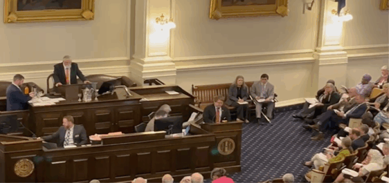 This image shows the floor of the New Hampshire House Chambers At the front, Representative Patrick Long stands at a large wooden podium or speaker’s desk, elevated above the others, overseeing the proceedings. Several other individuals are seated at desks in front of him, working with papers and computers. On the right side of the image, two people sit on a bench against the wall, appearing to listen attentively. More people are seated in rows facing the front, resembling an audience or assembly members. The room is formal, decorated with large framed paintings, tall white walls with ornate molding, and elegant light fixtures. The floor is carpeted in a dark blue pattern.
