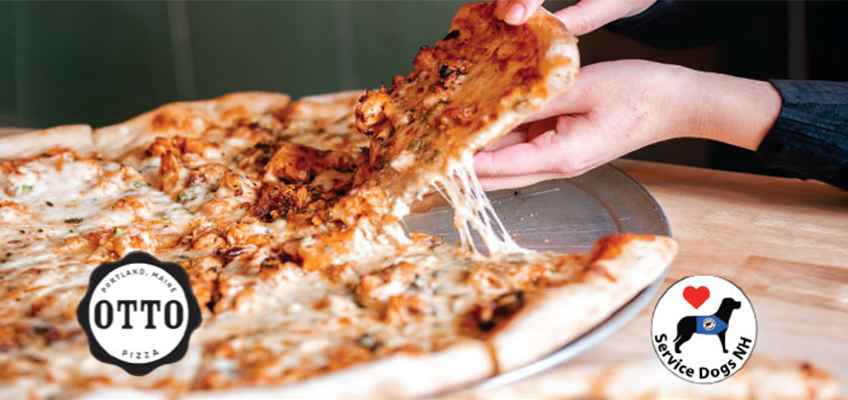 This image is a promotional banner combining pizza and service-dog awareness. • The main image shows a freshly baked pizza on a round metal pizza pan. A person is lifting a large slice, with long strands of melted mozzarella cheese stretching from the slice to the rest of the pizza. • The pizza appears to have a crispy, browned crust and is topped with cheese, tomato sauce, and what looks like seasoned meat and herbs. • In the lower-left corner is the OTTO Pizza logo, with “Portland, Maine” written around the top of the circular logo. • In the lower-right corner is a circular Service Dogs NH logo. It features a black service dog silhouette wearing a blue service-dog vest, with a red heart above it. The words “Service Dogs NH” surround the logo. • The background is a close-up of the restaurant table and pizza, creating a warm, appetizing food-focused appearance.